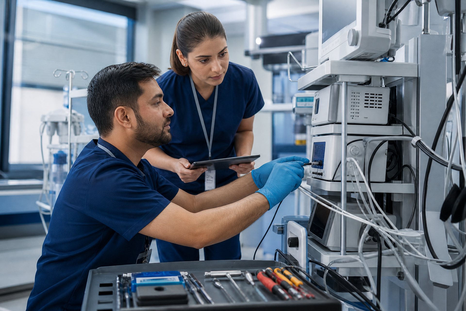 Biomedical engineer performing a preventive equipment inspection