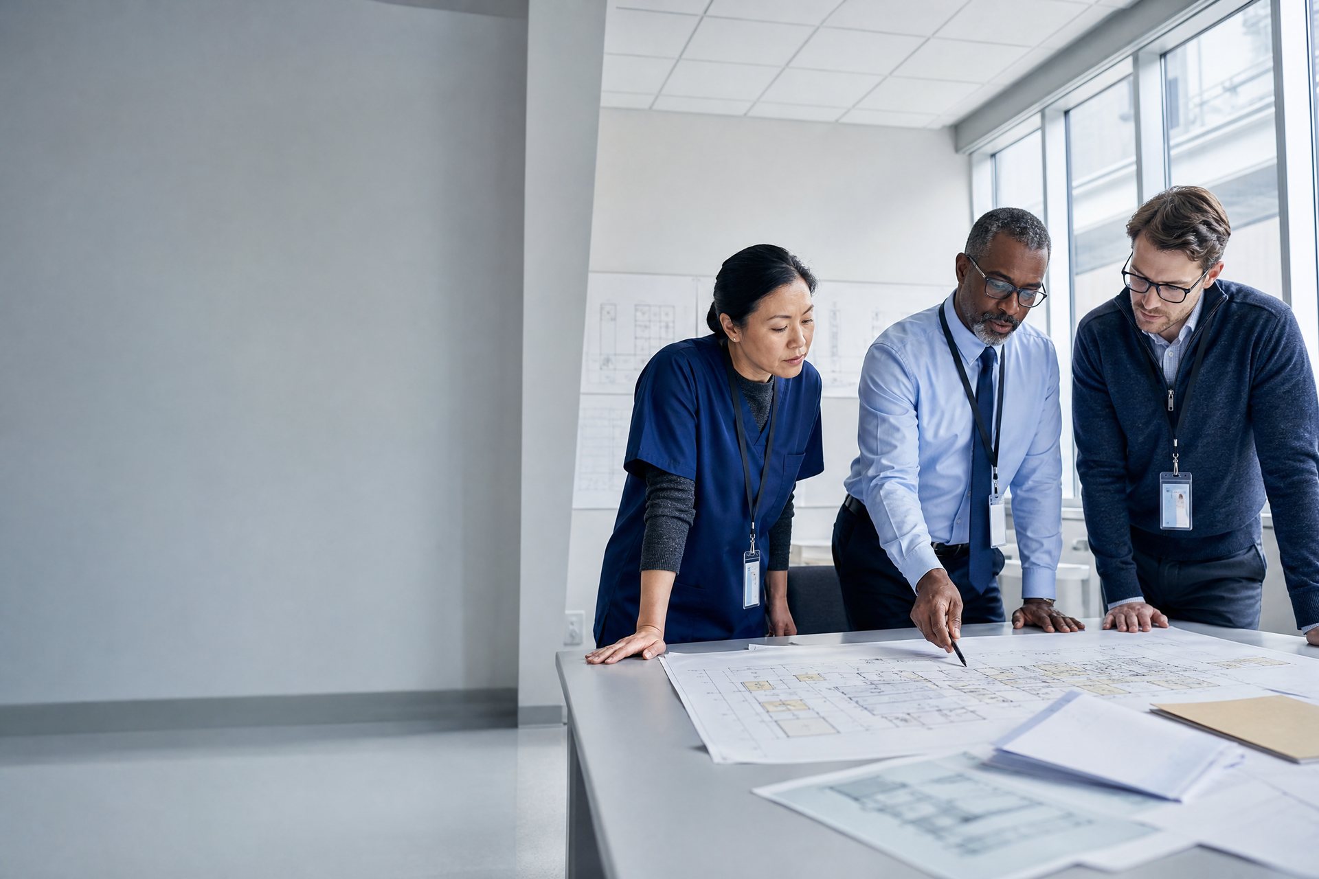 Healthcare leaders reviewing institutional capacity and facility planning